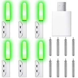 Glooglitter 6 Pcs Fishing Glow Sticks LED Fishing Pole Light Night Fish Alert Glow Stick with 8 Pcs Rechargeable CR425 Battery and Battery Charger(Green Light,Classic Style)