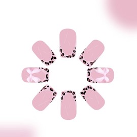 Medium Press on Nails Square Fake Nails with 3D Bow Designs Leopard French Tip Nails Press ons Glossy Glue on Nails Pink Acrylic Nails Cute False Nails Spring Stick on Nails for Women 24Pcs