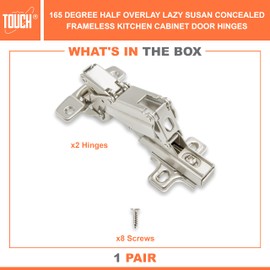 TOUCH Cabinet Hinges (1 Pair, 2 PCS) Frameless 165 Degree 3/8" Inch Half Overlay Clip-on Lazy Susan Self Close Folding Cupboard Door 3-Way Adjustable Kitchen Corner Cabinet Hinges with Screws