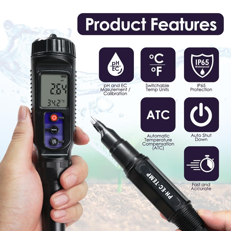 pH Meter for Food 3-in-1 Digital pH EC Temperature Meter