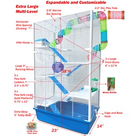 Extra Large 38" Multi-Levels Easy Assembly Classic Dwarf Hamster High Tower Mansion Mouse Habitat Gerbil House for Rodent Mice Rat Crossover Tube Tunnel Expandable Customizable Deep Tubby Base