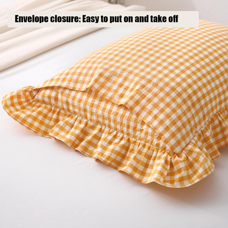 Mywinlle Yellow/White Plaid Ruffle Pillow Shams Standard Size Set of