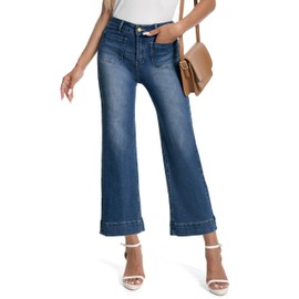 Tapata Women's 24" Petite Wide Leg Jeans High Waisted Flare Stretchy Cropped Denim Pants Trendy Baggy Dark Blue, L