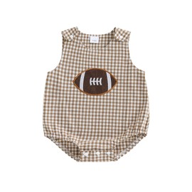 Santikisler Newborn Baby Boy Football Outfit Ruby Embroidery Sleeveless Romper Jumpsuit Plaid Overall Clothes (Khaki, 6-12 Months)