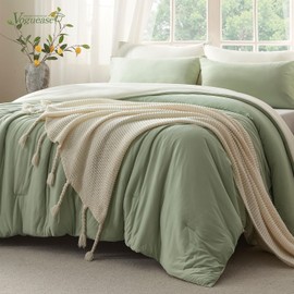 Voguease Queen Comforter Set, Comforters Queen Size Luxury and Ultra-Soft Jersey Knit Bedding Sets, Sage Green/Beige Lightweight Down Alternative Comforte Queen for All Season, 3 Piece Bedding Setrey