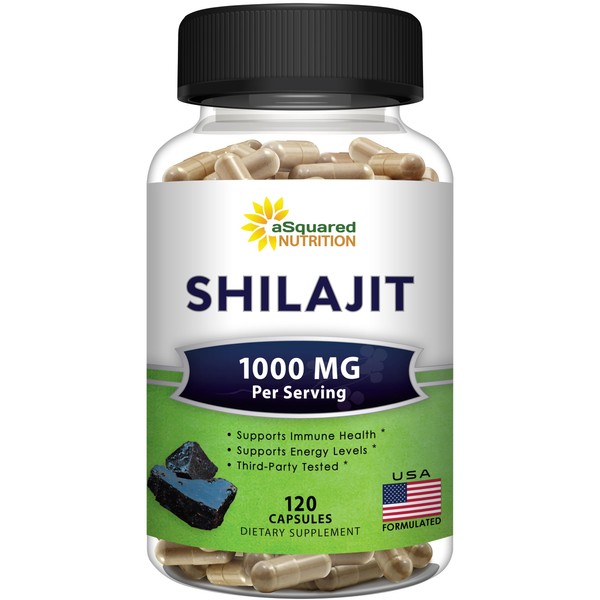 aSquared Nutrition Shilajit 1000mg - 120 Capsules - Pure Shilajit Extract Supplement and Powder Complex Pills - Natural Humic & Fulvic Acid & Trace Minerals - Alternative to Resin & Drops