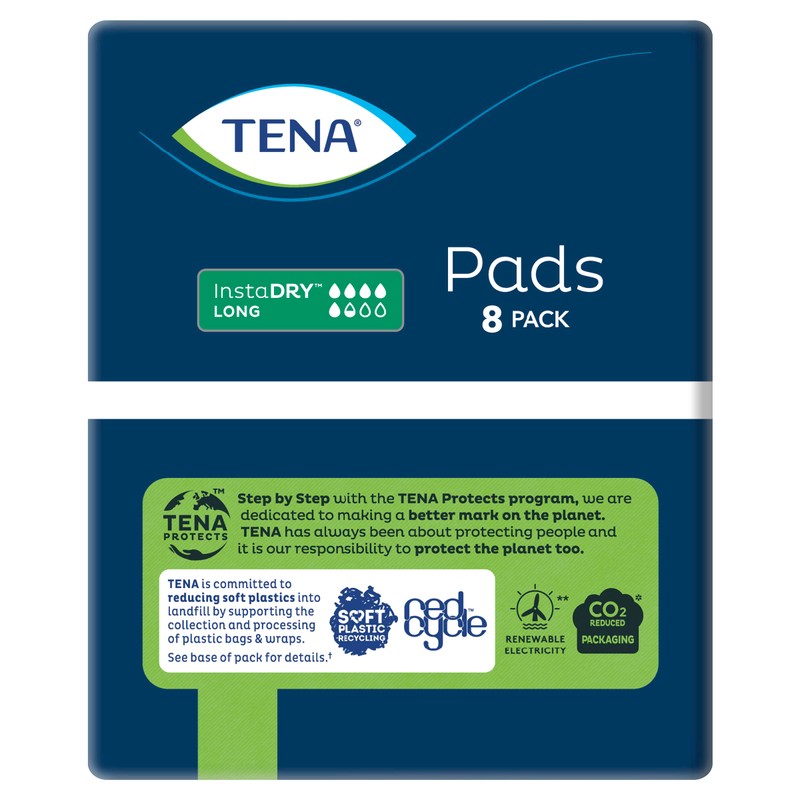 TENA InstaDRY Pads, Long Length, Pack of 8