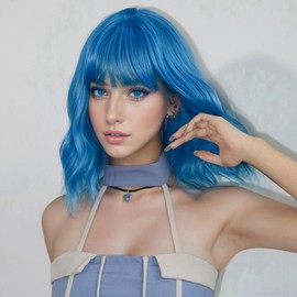Short Bob Wigs with Bangs for Women Loose Wavy Wig Curly Wavy Shoulder Length Bob Synthetic Cosplay Wig for Girl Colorful Costume Wigs(blue,12inch)