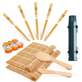 FZYCOM Sushi Set, DIY Sushi Making Kit, Sushi Maker Kit Portable, Sushi Bazooka, Contains 2 Pieces Natural Bamboo Mats, 2 Pieces Sushi Scoops, 5 Pairs Chopsticks, 1 Piece Sushi Bazooka