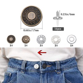 17MM Jean Buttons for Loose Jeans, No Sew Jean Buttons Replacement for Pants with Tool, 20 Sets Metal Buttons