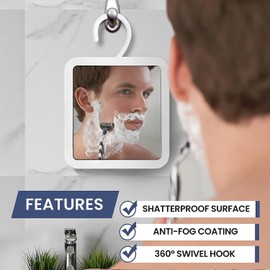 MIRRORVANA Hangable Fogless Shower Mirror for Shaving with 360° Swivel Hook for Hanging - Anti Fog and Shatterproof 6.3" x 6.3" Surface