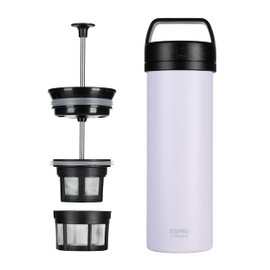 ESPRO P0 Ultralight - French Single Serving Coffee Press and Lightweight Water Bottle for Travel, Camping and Everyday Use, Stainless Steel, Vacuum Insulated, 16 oz (Frost Wisteria)