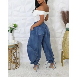 Voghtic Women's Baggy Y2K Elastic Waisted Jeans Bow-Knot Drawstring Pull-On Cargo Denim Pants Harem Pants Streetwear Blue
