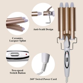 Da ba wang 3 Barrel Curling Iron Wand-Triple Hair Waver for Beach Waves Set, 1 Inch Ceramic Tourmaline Triple Barrels, Hair Waving Styling Tools (Champagne Gold)