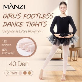 MANZI Girl's Footless Dance Tights 2 Pairs Ultra Soft Pink Ballet Tights Opaque Solid Colored Leggings Kids 4-14t(Ballet Pink,L)