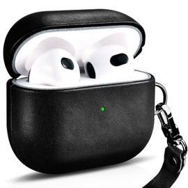 CEENFFO Genuine Leather Case for AirPods 3 (2021), Compatible with AirPods 3 Case Leather with Lanyard, Supports Wireless Charging and Front LED Visible for Case