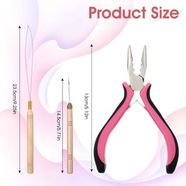 Hair Extension Kit, 3 pcs Hair Extension Pliers Hairs Tinsel Tool Bead Threader Loop Needle Pulling Hook Beads Device Needle Threader Hairs Tensile Kit for Women Feather Extensions Styling