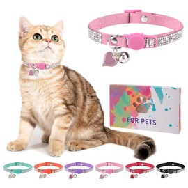 DILLYBUD Rhinestone Cat Collar Breakaway with Bell, Diamond Cat Collar with Safety Buckle Quick Release for Girl Boy Kitten Pets Puppy,Cute Soft Female Male Cat Collars,Valentine's Day Pink 8-12"
