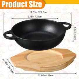 Jingmore 2 Sets Mini Cast Iron Skillet with Wooden Base Small Cast Iron Plates Skillet Pan Round Fajita Plate Hot Steak Pot Dish for Baking Cooking (9.45 Inch)