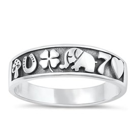 Fashion Lucky Symbols Ring New .925 Oxidized Sterling Silver Band Size 7
