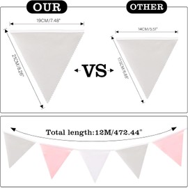 G2PLUS 12 m Pink Grey and White Bunting Fabric, Pack of 42 Large Fabric Garland, 19 x 21 cm Fabric Bunting Garland for Home and Garden Decoration