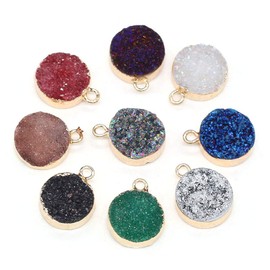 LHJ 5 Pcs Natural Round Shape Druzy Agate Stone Pendants Colorful Geode Crystal for Jewelry Making Necklace Bracelet