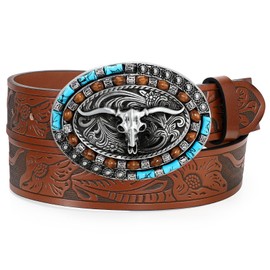 UpFind Western Leather Belt Cowboy Belt with Turquoise Buckle for Men Women Western Embossed Leather Belt for Jeans