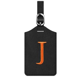 Fintie Letter Luggage Tag, Black PU Leather Embroidered Luggage Tag, Privacy Cover Monogrammed Luggage Tag for Suitcase Baggage Handbag Travel Bag Label, J