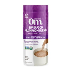 OM MUSHROOM SUPERFOOD Hot Chocolate Blend Mushroom Powder, 8.47 Ounce Canister, 30 Servings, Cocoa, 2g of Sugar, 25 Calories, Lion's Mane, Reishi, Chaga, Turkey Tail, Focus and Stress Support