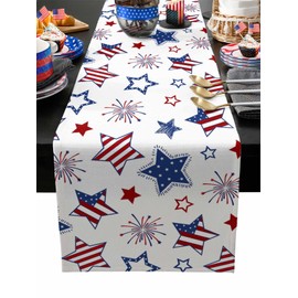 4th of July Table Runner Patriotic Stars Independence Day Table Runners Fireworks USA Flag Red White and Blue Table Decor Seasonal Kitchen Dining Table Decoration Holiday Party Decor 13x72 Inch