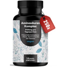 Amino Acids Complex High Dose - 250 Tablets - 6105 mg per Daily Serving with 9 Essential Amino Acids (+ Glycine, Taurine & Carnitine - Protein Capsules - Vegan & Produced in Germany