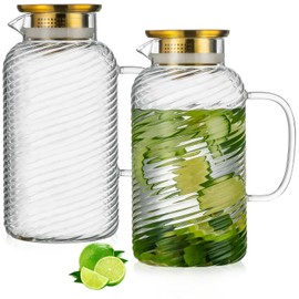Buaic 2 PACK Glass Pitcher with Lid, 68 oz/ 2 Liter Spiral Pattern Water Pitcher,Glass Water Carafe for Cold Brew, Coffee, Lemonade, Iced Sun Tea,Beverage, Milk, Heat Resistant