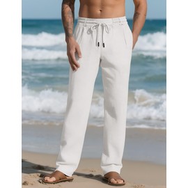 QOSOQ Men's Casual Linen Pants Elastic Waist Drawstring Summer Beach Lightweight Trouser with Pockets White