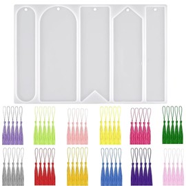 5Pcs Bookmark Mold with Tassels, BetterJonny 5 Styles Silicone Mold Rectangle Oval Semicircle Triangle Flag Bookmark Mold with 60Pcs Colorful Tassels DIY Resin Bookmark Molds for Jewelry Craft, white