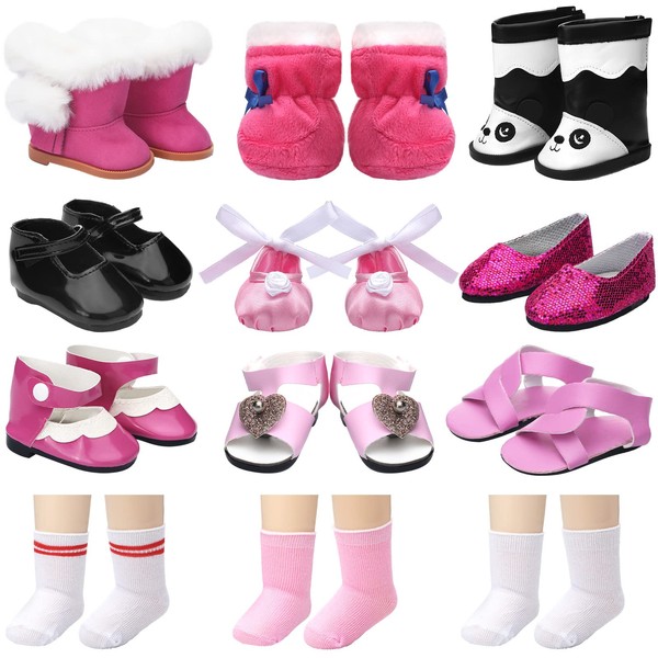 9 Pairs of 18 Inch Girl Doll Shoes Accessories and 3 Pairs of Socks Fit 18 Inch Girl Doll Sandals, Leather Shoes, Boots, Girl Doll Accessories