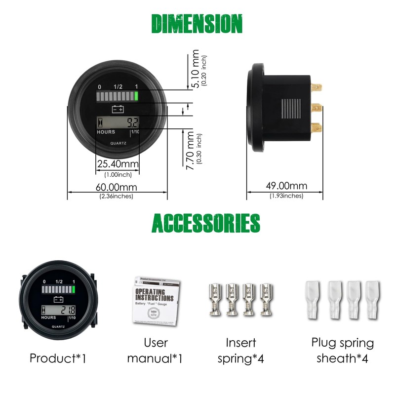 Yooreal 12/24V 36/48V 72V Golf Cart Battery Meter,Hour Meter&Battery Indicator