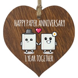 1st Wedding Anniversary Plaque Gift for Husband Wife - 1 Year Together - Happy Paper Anniversary Wooden Heart for Women Men Partner, Dark Wood Sign Keepsake Gifts