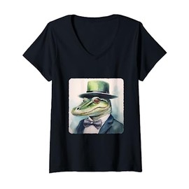 Womens Alligator With A Detective Hat. Sleuth Reptile In Hat V-Neck T-Shirt