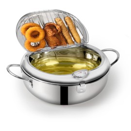 Deep Fryer Pot 304 Stainless Steel Japanese Frying Pot 3.4L/9.4 Inch Tempura Frying Pot with Lid, with Temperature Control Oil Drip Drainer Rack for Fried Chicken, Shrimp, French Chips dip
