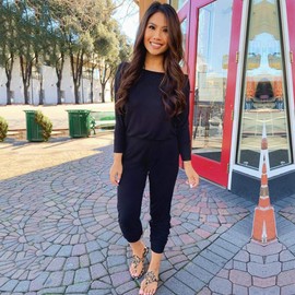 PRETTYGARDEN Women's Casual Long Sleeve Jumpsuit Crewneck One Off Shoulder Elastic Waist Stretchy Romper (Navy,Large)