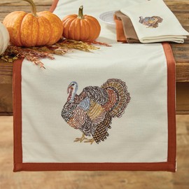 Park Designs Gobble Gobble Table Runner 13" X 54", Turkey Embroidered Table Cloth for Fall and Thanksgiving Decor, 100% Cotton White & Orange Runner for Seasonal Occasions, Machine Washable