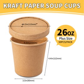 PakTalk Paper Soup Bowls with Lids, Disposable Ice Cream Cups Kraft Paper Soup Bowls 26oz To Go Soup Containers with Lids for Hot Soups, Food Storage, Ice Creams(10 Sets, 26 oz)