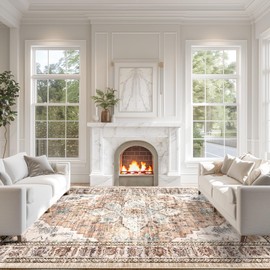 BESTSWEETIE Area Rug 9x12 Rugs for Living Room 9 x 12 Washable Rugs Non Slip Vintage Boho Living Room Rugs for Bedroom Dining Room, Distressed Floral Pattern Carpet, Orange Pink Brown Earth Tones