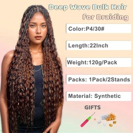 CAZSYSDD Deep Wave Bulk Hair for Braiding 22 inch No Weft Deep Wave Bundles Curly Braiding Hair Extensions for Boho Braids and Wavy Braiding 2 Braids Per Pack (P4/30#, 22inch (1pack))