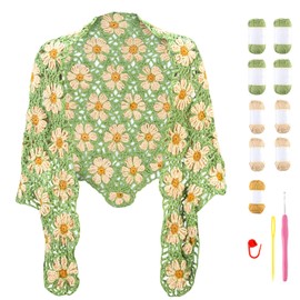 Noocro Crochet Kit for Intermediate or Advanced Levels, Complete Craft Kit for a Floral Daisy Shawl with Step by Step Video Tutorials Detailed Instructions, Perfect Holiday Gift or DIY Project (Green)