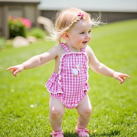 Baby Girl Goose Outfit Romper Farm Animal Gingham Overalls Ruffle Sleeveless Bodysuit Infant Summer Clothes (Pink, 12-18 Months)