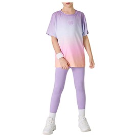 SHENHE Girl's 2 Piece Workout Activewear Short Sleeve Performance Sports Tshirt and Leggings Set Lilac Purple 11Y