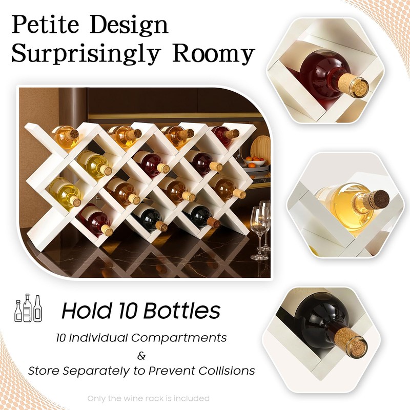 White Wine Rack for 10-Bottle, Wooden Wine Display Rack, Countertop