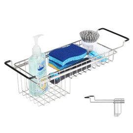 TreeLen Over The Kitchen Sink Caddy Sponge Holder Organizer Drying Rack Expandable for Sponge Brush Soap 13.8" to 20.8", Stainless Steel