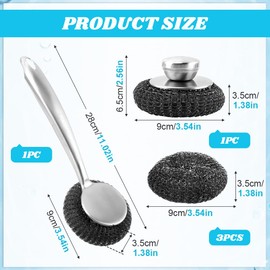 1 Long Handle Steel Wool Scrubber with 1 Short Handle Stainless Steel Scrubber and 3 Replacement Steel Scrubber for Cleaning Tableware and Cooking Tools(Color:as Shown)